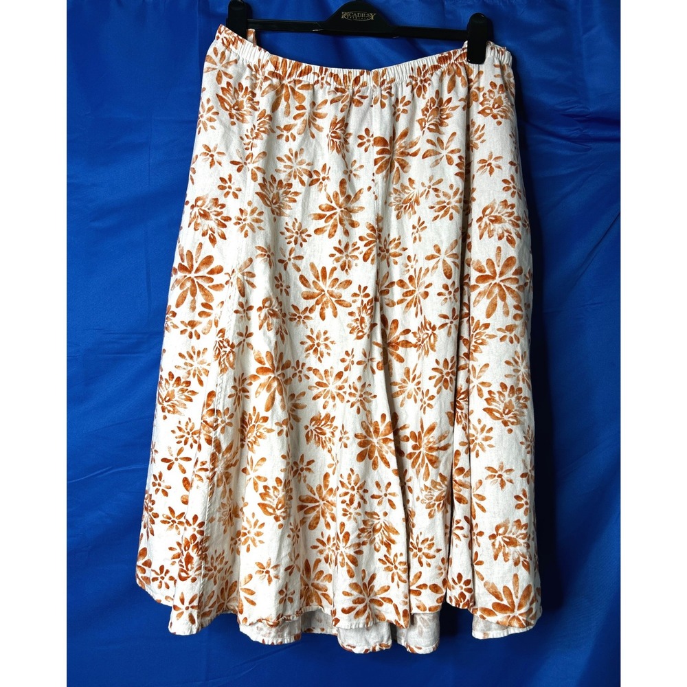 Womens Floral Linen Midi Skirt Sz 2X Plus Size Flowy Resort Pull-On Cottagecore